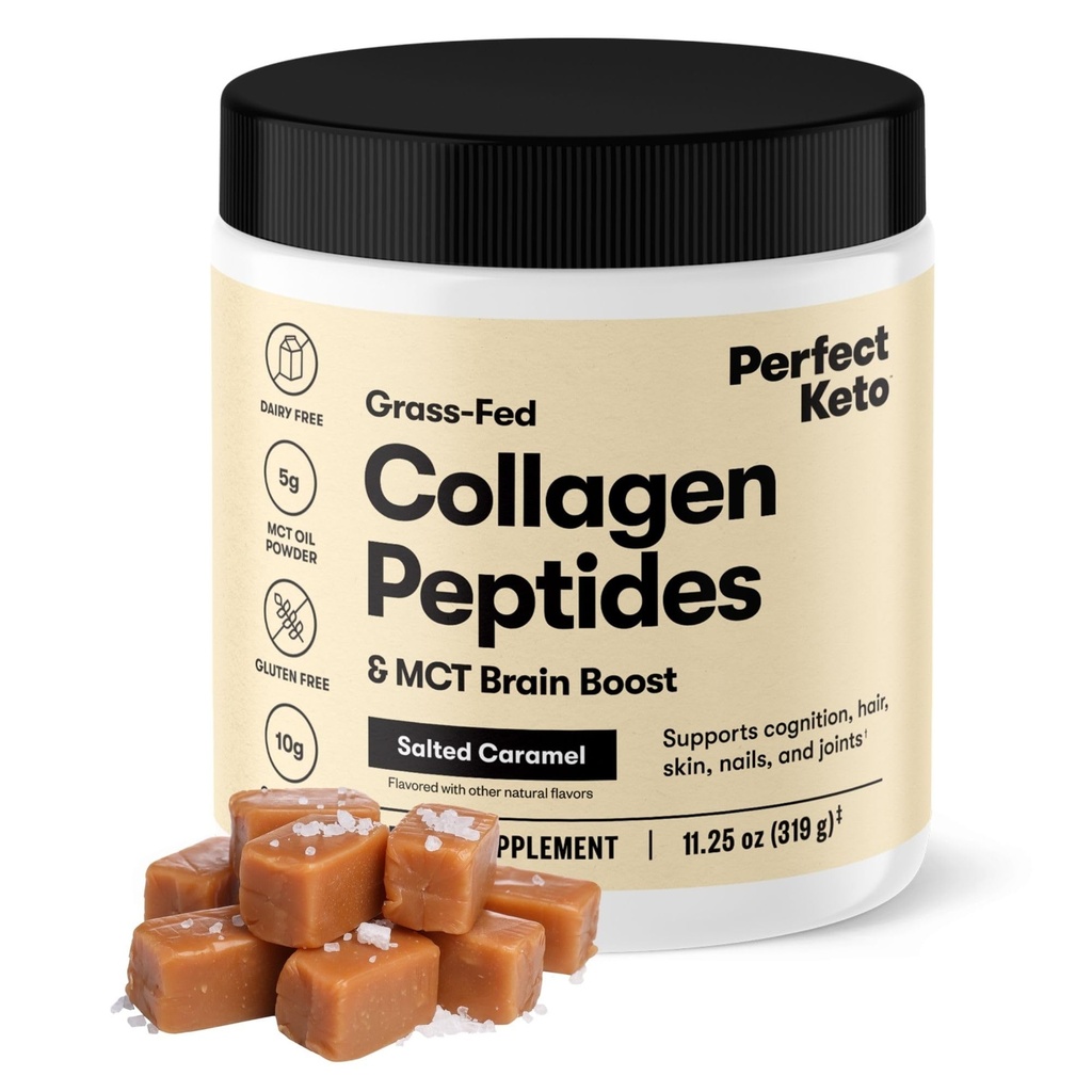 Keto Colagen Peptides Perfect Pulbere de proteine cu ulei MCT, Colagen hidrolizat, Tip I & III Supliment, Gluten Grass Grass Fed, Carb scăzut, Keto Coffee Creamer, Colagen pentru femei și bărbați, Caramel sărat