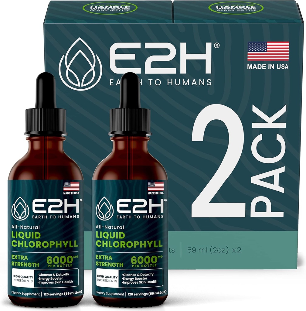 E2H Clorofile picături lichide - Booster de energie, Digestion, Suport Sistem imunitar și Deodorant intern - Vegan - Gluten gratuit - non-GMO - (2 sticle)
