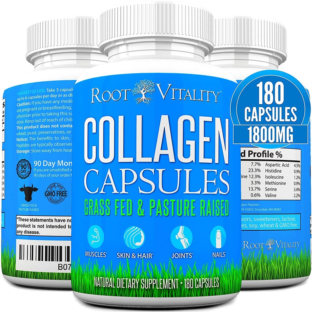 Root Vitality Colagen Peptides capsule - Grass-Fed, Pasture-Raise supliment de proteine hidrolizate pentru piele, păr, & Nails - non-GMO, Zero Pastile de zahăr zilnic pentru bărbați și femei (180 capsule)