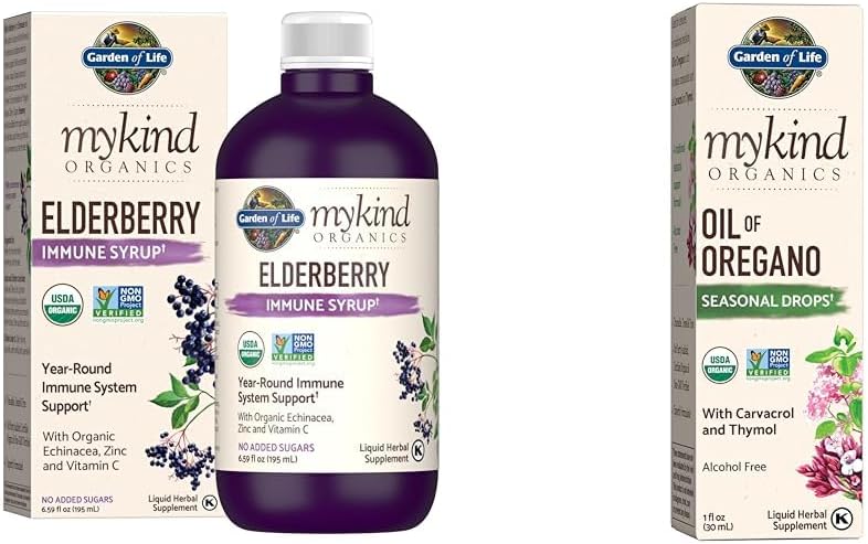 Gradina de viata Organics Plant-Based Elderberry Immune Syrup 6.59 fl oz & Organics Ulei de Oregano Picături sezoniere 1fl oz (30 ml) Lichid