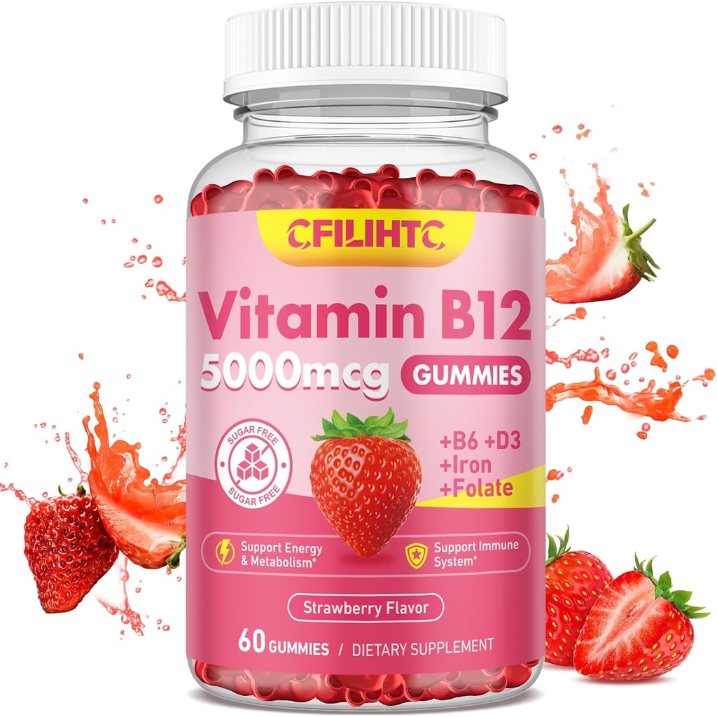 Vitamin B12 Gummies for Women & Men, 5000mcg Methyl B12 Gummies with Vitamin B6, D3, Iron, Folate for Adults, Supports Energy & Metabolism Boost, Mood, Immune & Nervous System, Sugar Free Strawberry