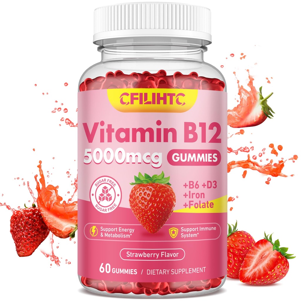 Vitamina B12 Gume pentru femei si barbati, 5000mcg Metil B12 Gume cu vitamina B6, D3, Fier, Folat pentru adulti, Suporturi de energie si metabolism Boost, Mood, Imuna si Sistem Nervos, Sugar Free Strawberry
