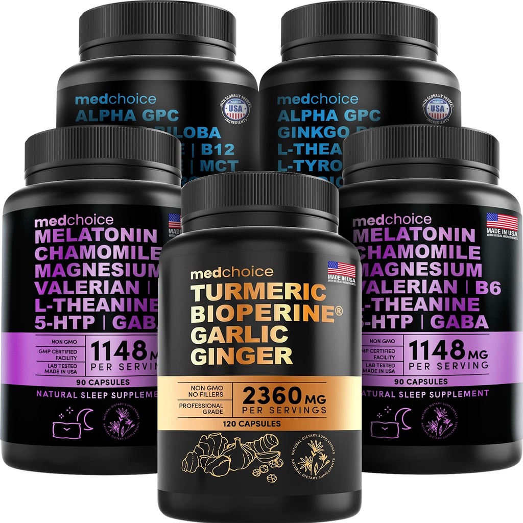 MEDCHOICE Turmeric & Ginger (120ct), Melatonina de somn (180ct), și Nootrop Brain (120ct) Suplimentul Bundle - Wellness Trio pentru creier, somn, și suport imunitar - Vegan, non-GMO, gluten-free
