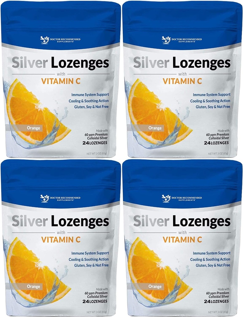 Silver Lozenges cu vitamina C - Premium Nano Silver 60 PPM Argint coloidal, Miere organică și vitamina C Suplimentul mineral scade pentru a sprijini sistemul imunitar, Soothe Tuse și gât - Pachet de 4