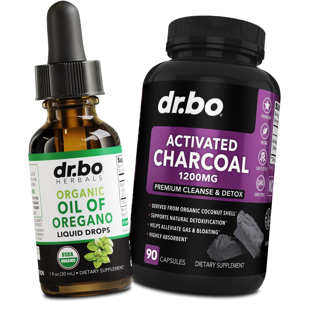 Oregano Oil Picături lichide organice și capsule de cărbune - Ulei de picături de Oregano Extract de tinctură și pastile de cărbune pentru stomac gaz curata dezintoxicare suport imunitar, Digestive Binder - Organic