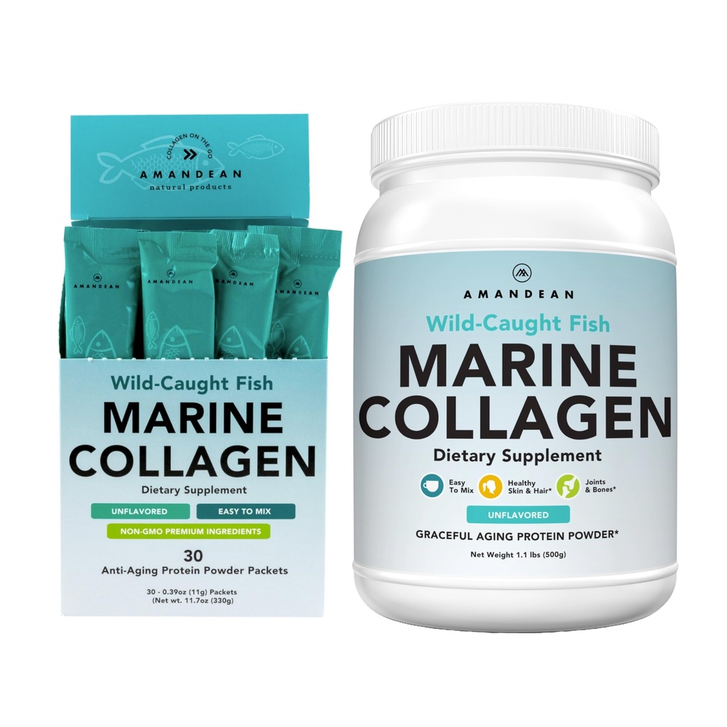 AMANDEAN Marine Colagen Duo. 500g Container + 30 Travel Packs. Colagen de pește hidrolizat Peptide pentru piele, păr și unghii. Pescatar, Keto & Paleo-Friendly, fără aromă
