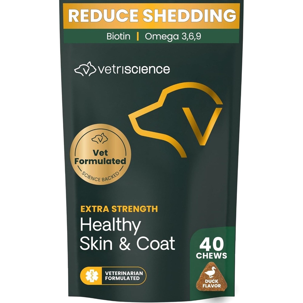 VetriScience Extra Putere Sanatos Piele & Coat Chews, Omega Plus Supliment pentru câini, cu echilibru Omega 3, 6, 9, ulei de pește și Biotina, Skin Health, Coat Creștere și Shine, Duck, 40 Conte