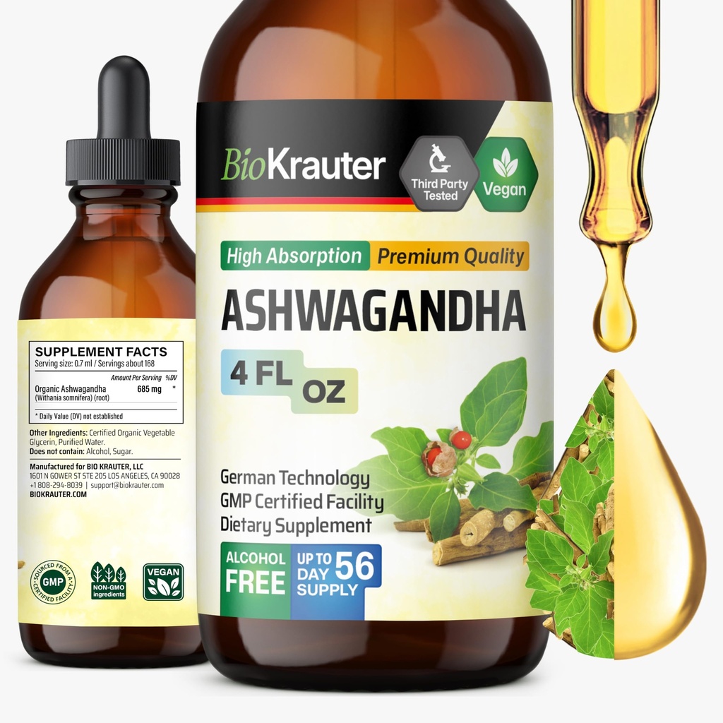 BIO KRAUTER Ashwagandha Picături lichide - Ashwagandha Suplimente pentru calm - Picături de sprijin Vegan Mood - Alcool și zahăr gratuit - 4 Fl.Oz.