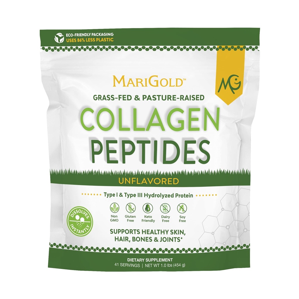 MariGold Grass-hred Colagen Peptides Pulbere 1LB - 100% pură, Tip I & III bovine Hidrolyzed Colagen, Non-GMO, Hormone-Gluten-Dairy Free, Keto-Friendly, Easy to Mix