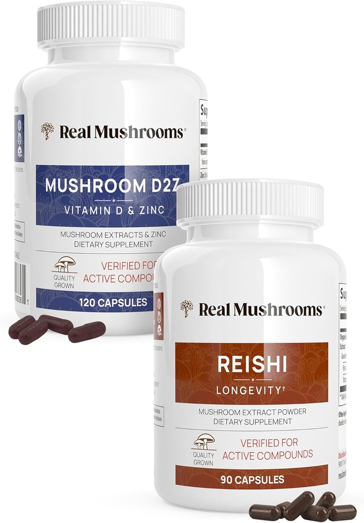 Ciuperci reale Vitamina D2, Zinc (120ct) și Reishi 415 (90ct) Bundle cu Chaga - Suport natural pentru imunitate, somn mai bun, și relaxare - Vegan, gluten gratuit, non-GMO, extracte de ciuperci organice