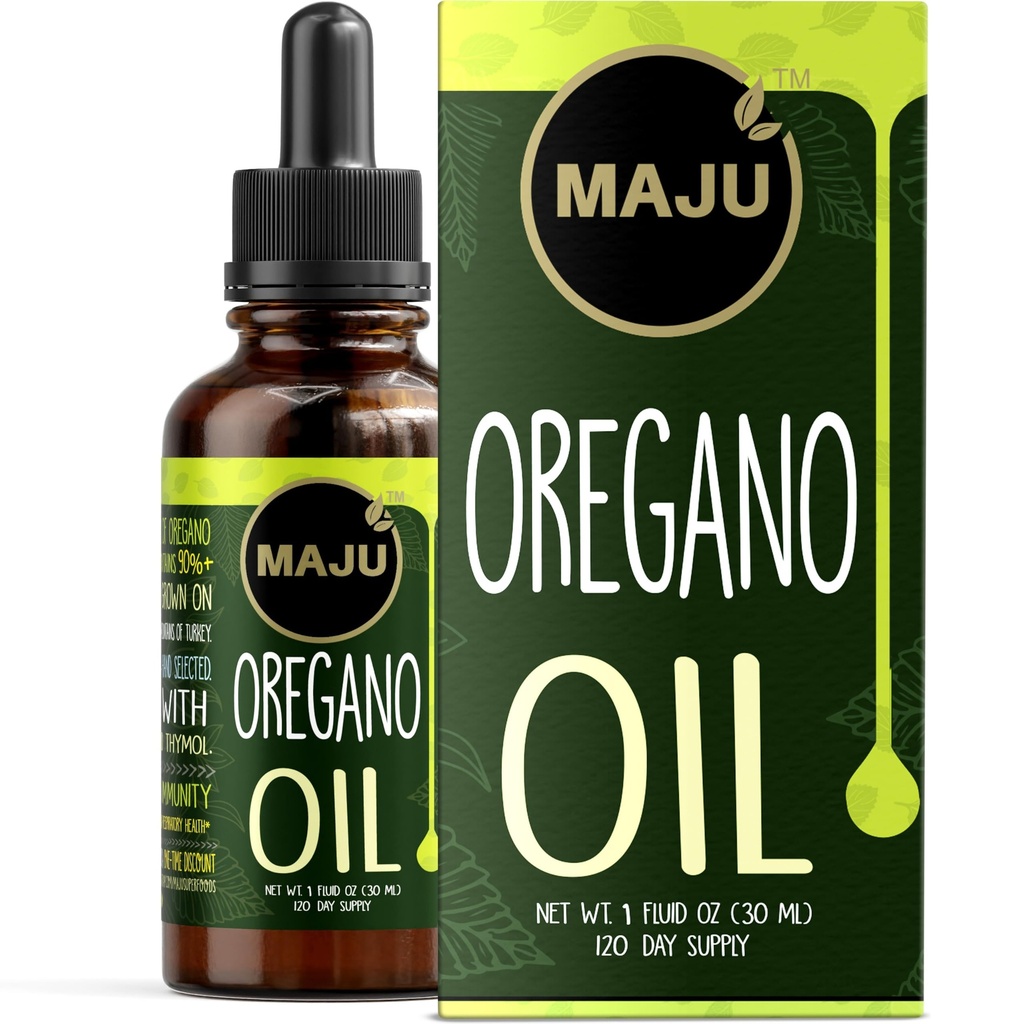 Maju Superfoods Picături de ulei Oregano, potent 90% + Carvacrol (1 fl Oz) Ulei mediteranean sălbatic esential de lichid Oregano, acete de Oregano, suport imun și sezonier