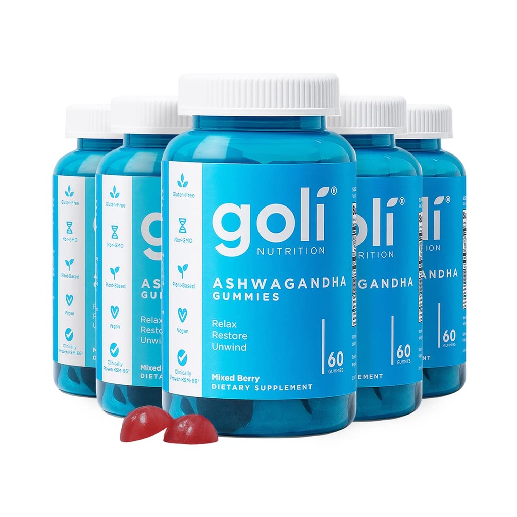 Goli Ashwagandha & Vitamina D Gummy - 300 Conte - mixt Berry, KSM-66, Vegan, Plant based, Non-GMO, Gluten-Free & Gelatină Relax gratuit. Restaurare. Deswind, ambalaj de 5