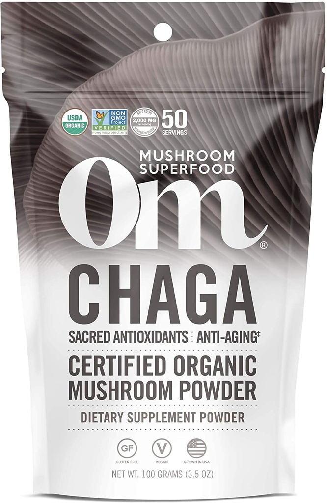 Om ciuperci Superfood Chaga Organic Mushroom Powder, 3.5 Ounce, 50 Serviri, US Grown, Sacre Antioxidanti si Suport Immun, Superfood Mushroom Supliment