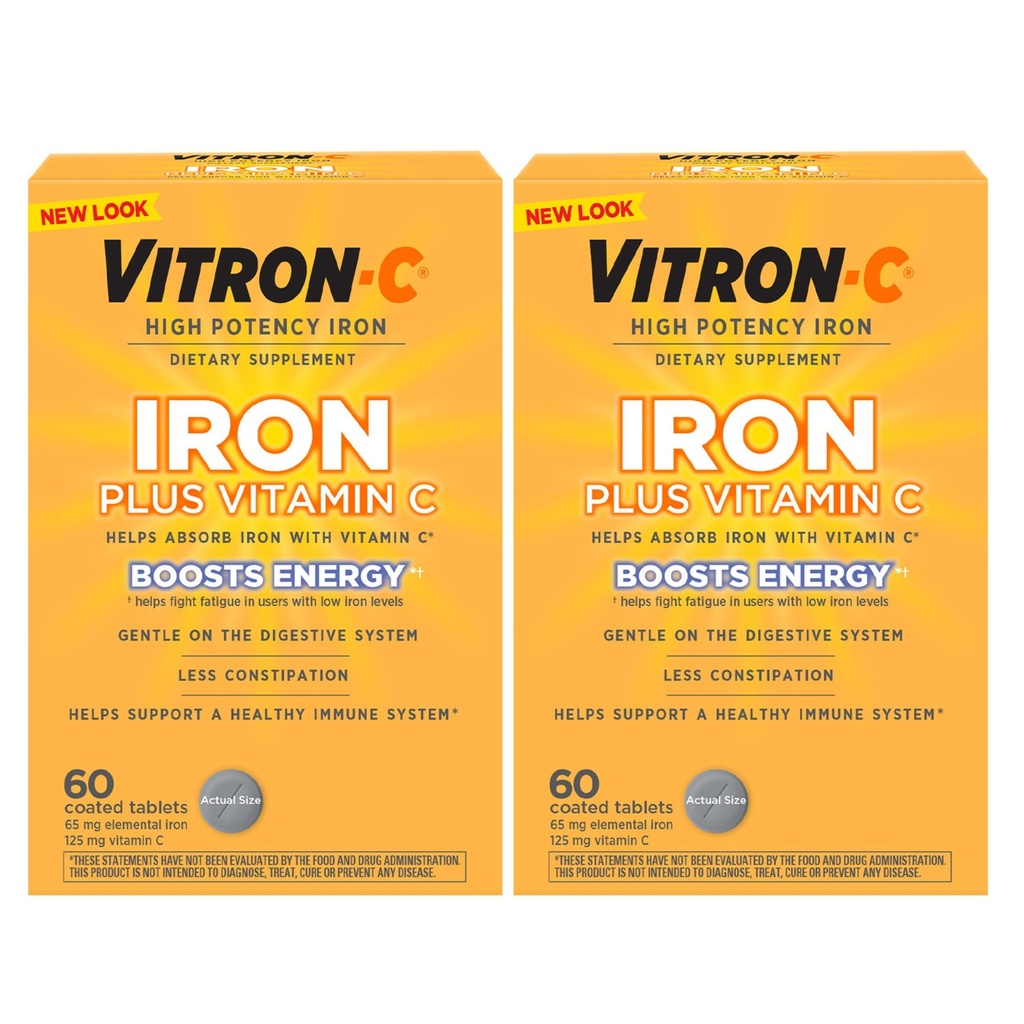Vitron-C Supliment de fier, o dată pe zi, potenţă mare de fier Plus vitamina C, suport de producţie de celule roşii din sânge, Die comprimate libere, 60 Conte, 2 ambalaj