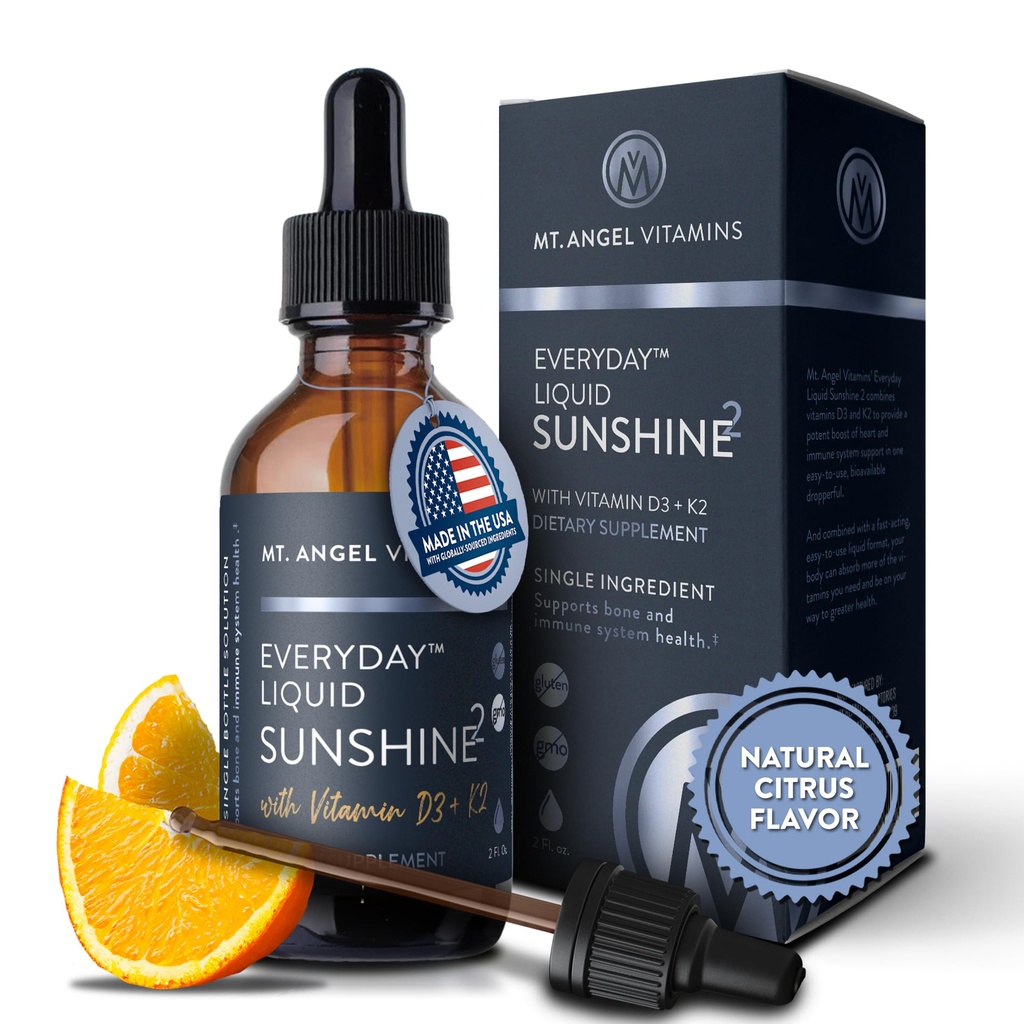 Vitamine Mt. Angel - Vitamina Vegan D3 & K2 Supliment lichid - 5000 UI D3, Trans MK7 K2 - Gluten-free, non-GMO - Perfect pentru adulți și copii - Doza zilnică de Sunshine K2 D3 Suplimentul de vitamine