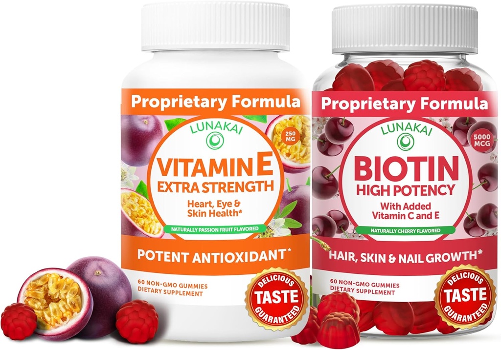 Lunakai Vitamina E și Biotin Gummies Bundle - 3000 mcg Gummies pentru adulți Suport energetic și sănătatea osoasă - Vitamine pentru păr, piele și aspect tineresc