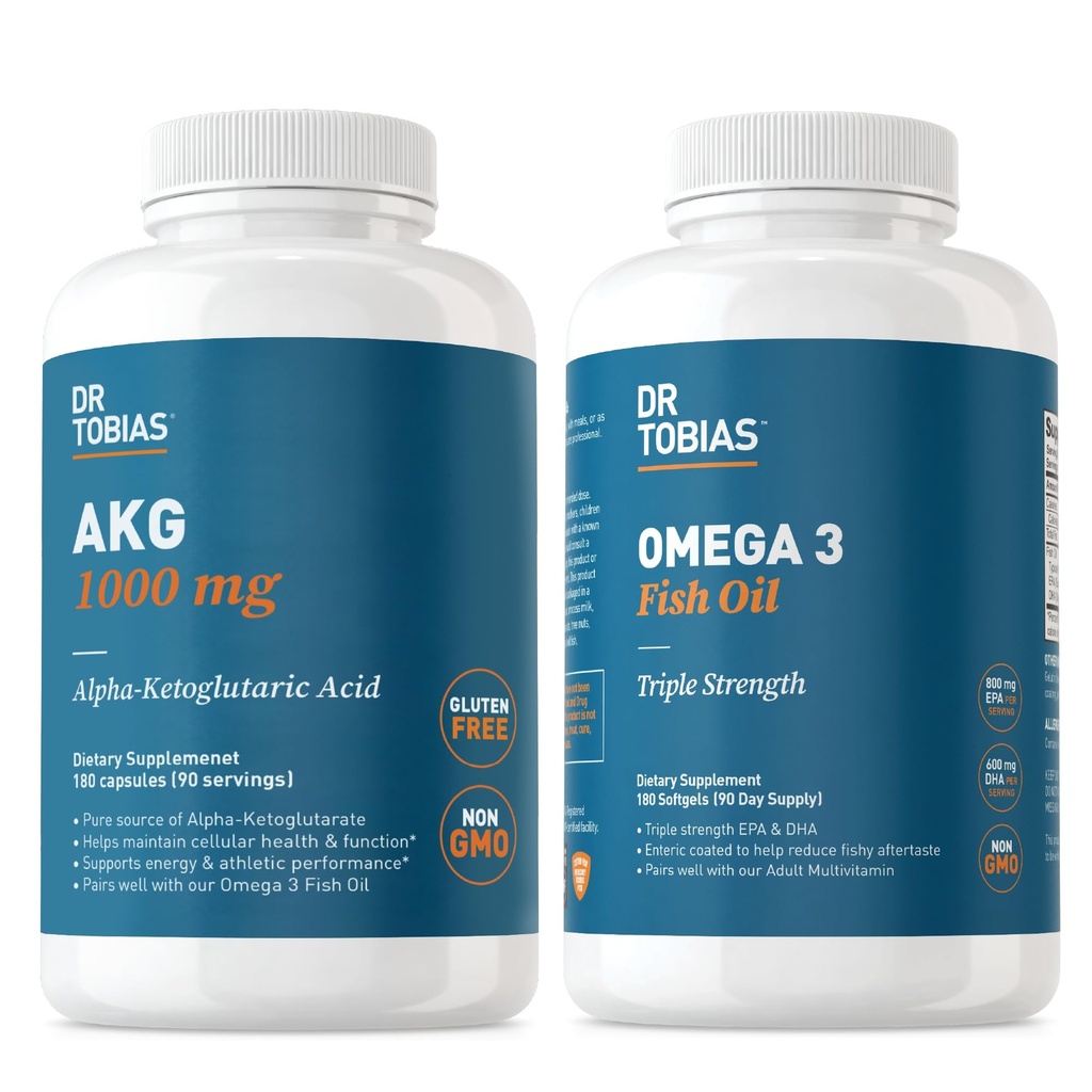 Dr. Tobias AKG Supliment & Omega 3 ulei de pește, suport energie celulară și sănătate generală cu AKG și Omega 3 OMEGA 3 EPA & DHA, non-GMO