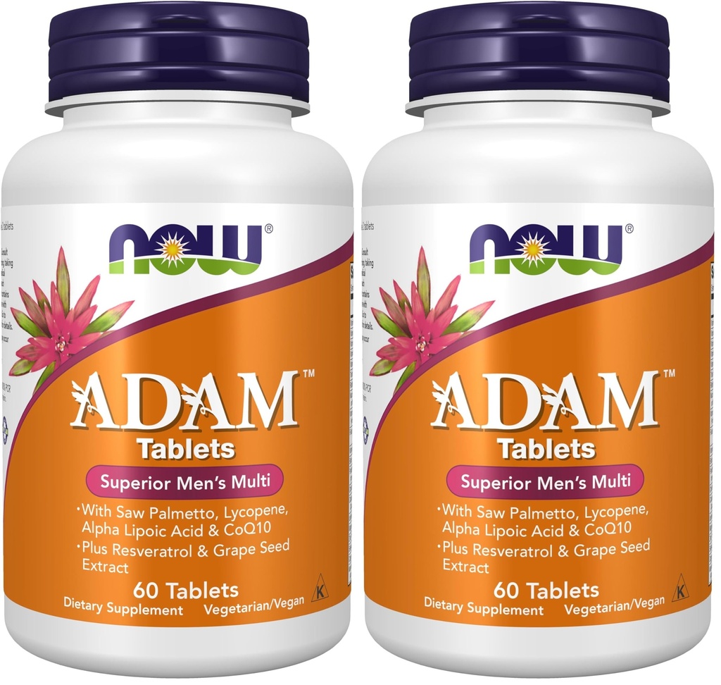 Suplimente now, ADAMTM Multivitamine pentru bărbați cu Palmetto ferăstrău, Licopen, Acid lipoic alfa și CoQ10, Plus Resveratrol natural și extract de semințe de struguri, 60 comprimate (Pachet de 2)