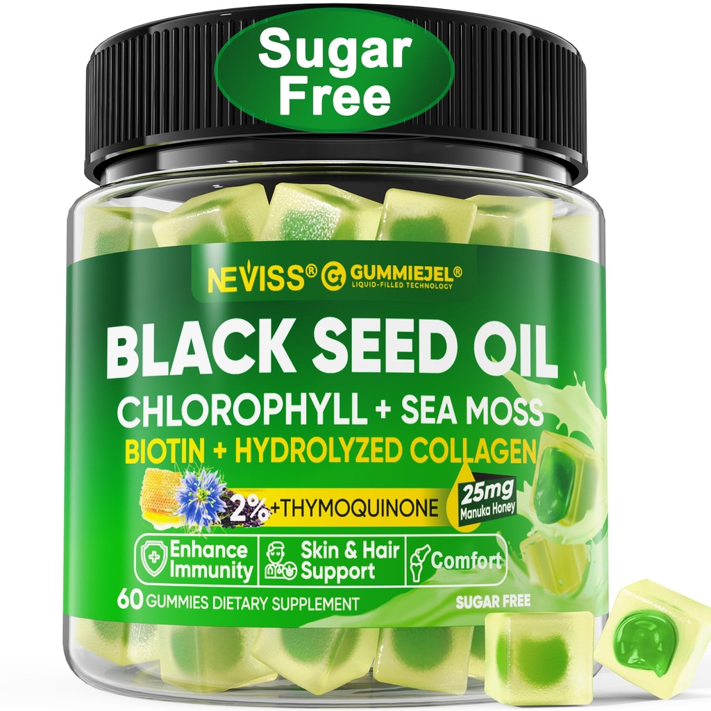 Gume de ulei negru, Clorofila & mare Moss Supliment 500mg, Biotin 500mcg cu Colagen hidrolizat pentru piele, par si unghii, Vit E, C, Zinc pentru sanatate globala, Cold organic presat, Absorbtie mare