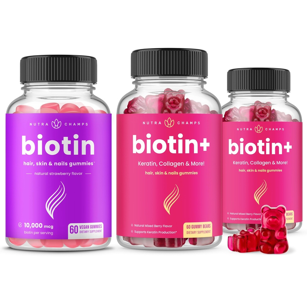 NutraChamps complet Biotin Bundle pentru păr, piele & unghii. Biotină şi Biotin+