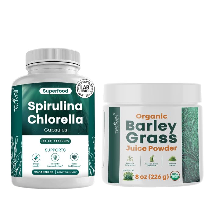 Teaveli Spirulina şi Chlorella Capsule şi Orgaic Barley Grass Juice Powder Bundle