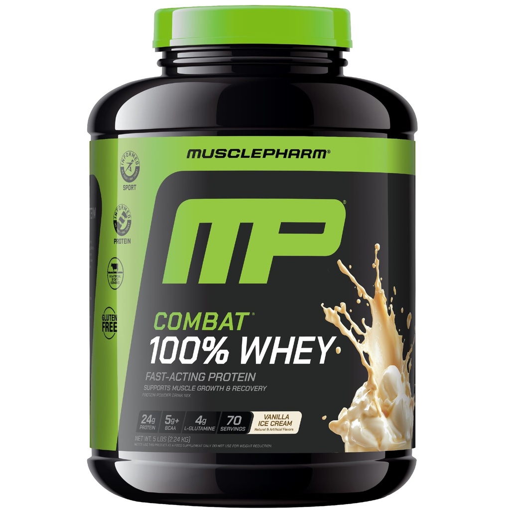 MusclePharm Combat 100% Whey Pulbere de proteine, Aroma de vanilie, Recuperare rapida & Musculare cu izolat de proteine Whey, Pulbere de proteine ridicate pentru femei & barbati, Gluten gratuit, 5 lb, 70 Serviri