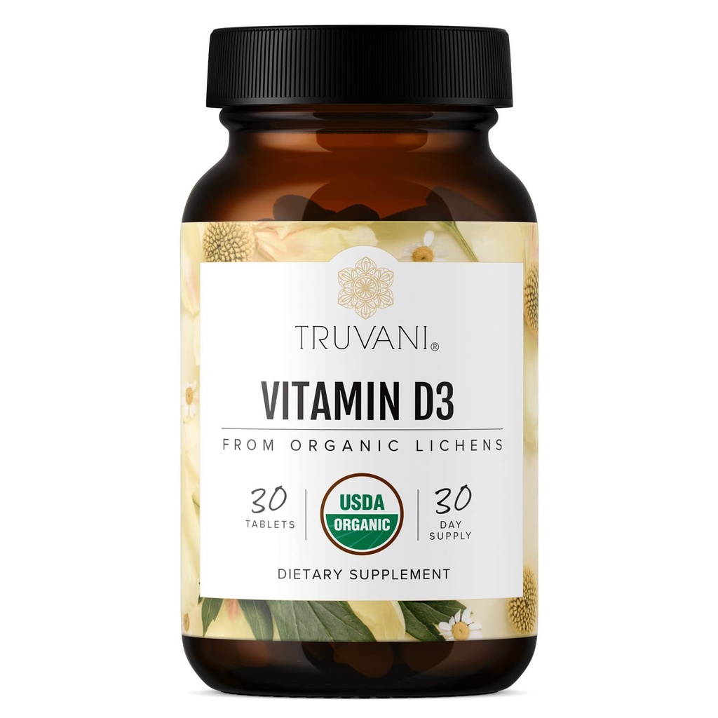 Truvani Organic Vitamina D3 - Plant-Based, USDA Organic, Gluten-Free, Non-GMO, Vegan D3 Supliment - Sprijină Bone, Imun și Brain Health - 30 comprimate