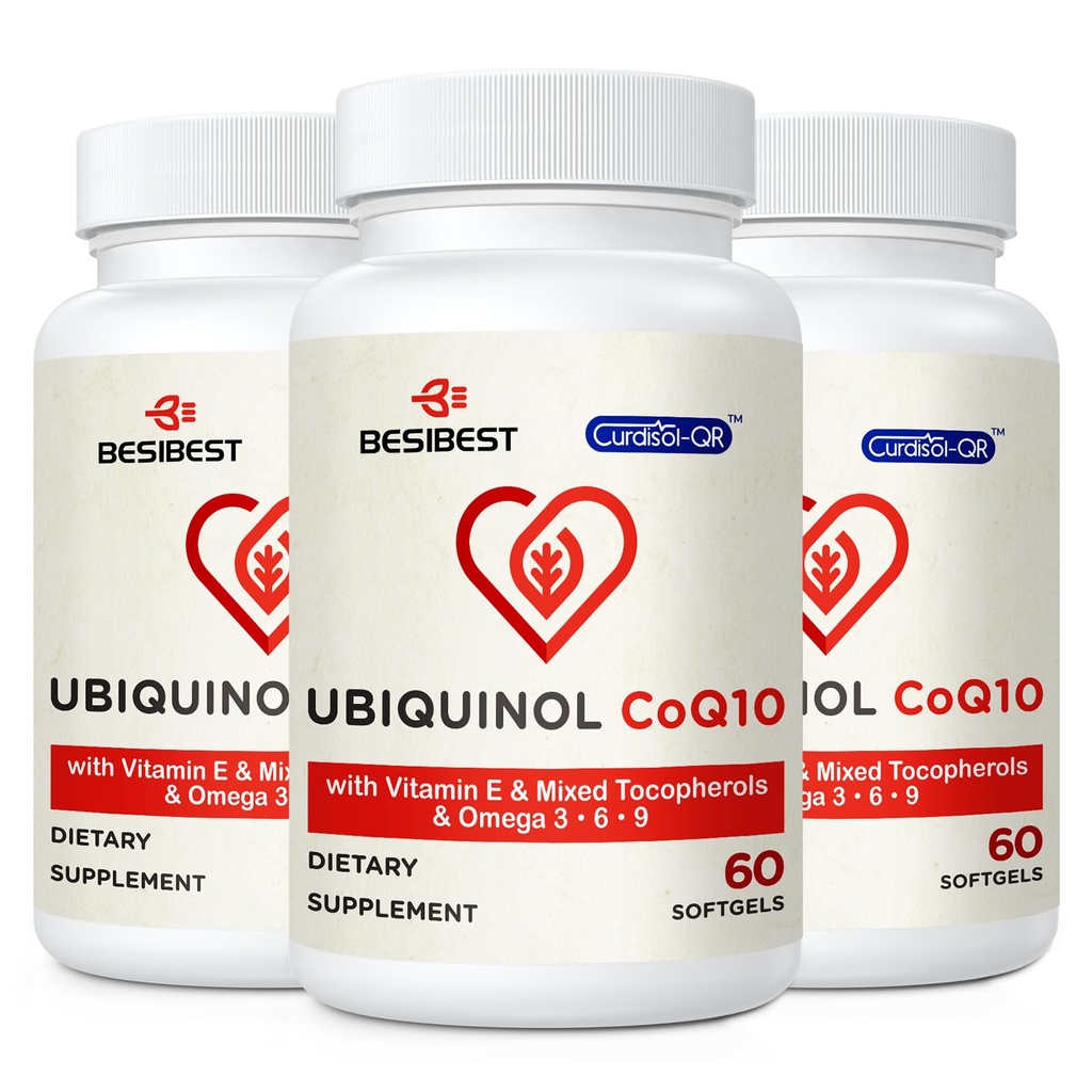 Ubichinol CoQ10-600mg-Softgel, Active Coq10 Ubichinol Supliment cu vitamina E & Omega 3, 6, 9, mare absorbţie-Coenzime-Q10, puternic antioxidant pentru producerea de energie, testat, 180 Conte