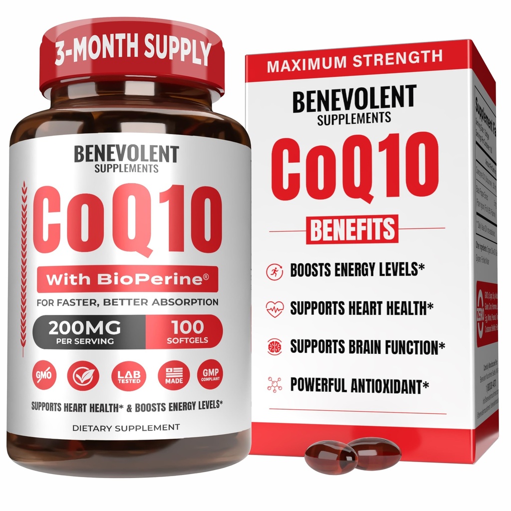 Benevolent Pure CoQ10 200 mg Softgels cu BioPerine® pentru absorbţie maximă, Coenzime Ubichinonă Q10 Supliment pentru Heart Health, Producţia de energie, Asistenţă pentru îmbătrânire sănătoasă şi antioxidant, 100 Softgels