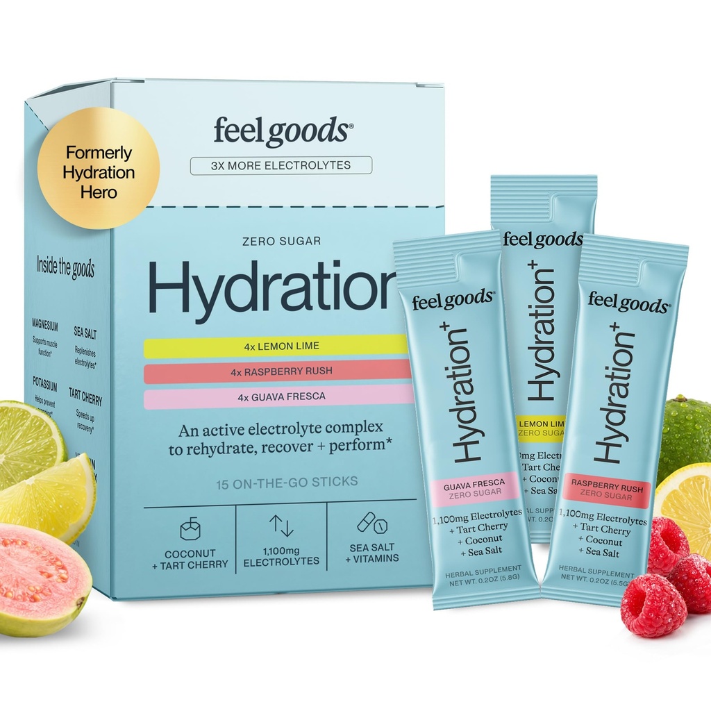 Feel Goods Hydration Hero, Variety Pack, 1000 mg Electrolytes Powder, Sugar Free, Magneziu, Organic Aloe Vera, L Theanine, Vitamina C, Vegan, Non OMG, On The Go Electrolyte Packets, 12 Count