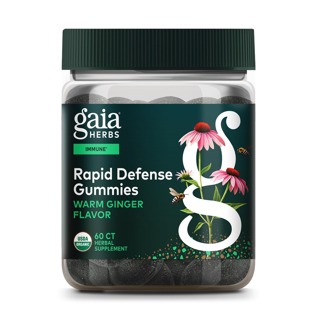 Gaia Herbs Organic Immune Rapid Defense Gummies - Sprijină Imunitatea - cu Propolis, Ginger, și Echinacea - 60 Vegan Gummies (30-Day Supply)