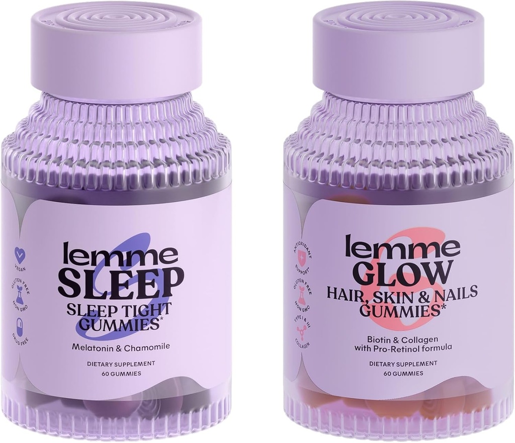 Lemme Sleep & Glow Bundle - Sleep Gummies, a Drug-Free Nighttime Aid & Glow Biotin & Colagen Hair Gummies for Strong, Thick Hair & Reducted Sheddling - Gluten/Gelatin Free, Non-GMO - 60 Ct. Fiecare