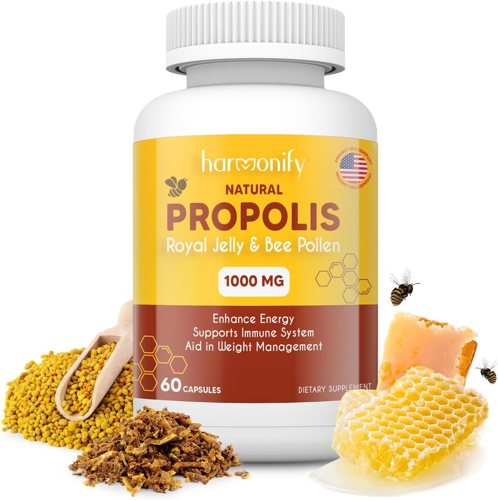 Albină Polen Propolis Royal Jelly Extract cu Carob, Pure Immune Supplement, Gluten-Free, Capsule vegetariene, 1000 mg