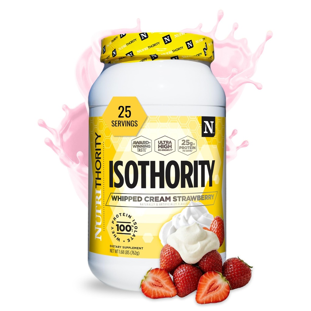 Izolat de proteine de izolat de izooritate Whey, crema de căpșuni, 2 lb - Ultra absorbabil lant ramificat Aminoacidi (BCAA) Pulbere cu 25g per servire, Carb scăzut - Construirea musculare și accelerarea recuperare
