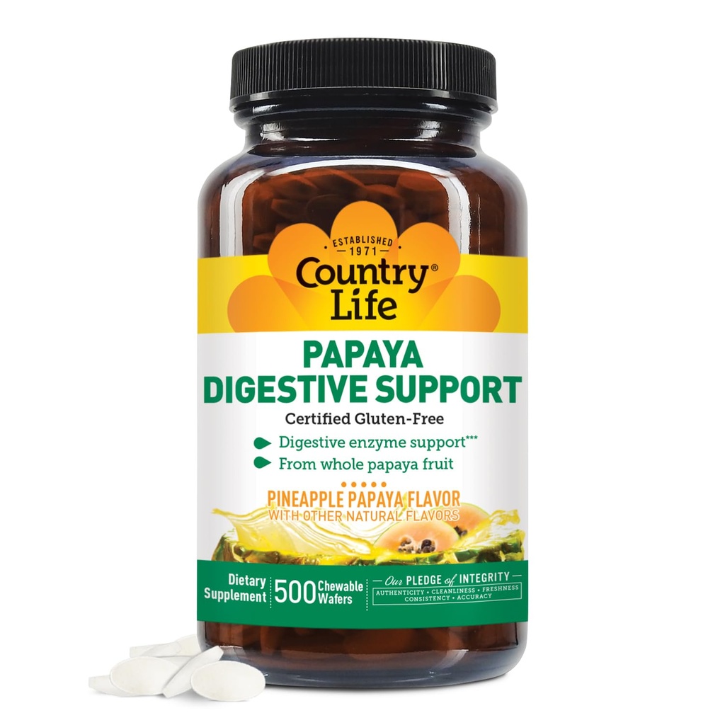 Viata de tara Enzime masticabile Papaya pentru suport de digestie - Aroma naturala de Ananas si Papaya, Asistente cu Absorbtie Nutrient, Contine Papain & Proteaza - 200 si 500 de wafers disponibile