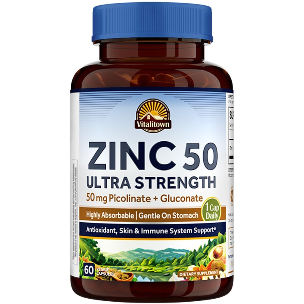 Vitalitown Chelated Zinc 50 mg, Zinc Picolinat & Gluconate, 60 Veggie Capsule, Bine-absorbite, Sistem imunitar, Sanatos Skin & Development, Vegan, NO Gluten, Non-GMO
