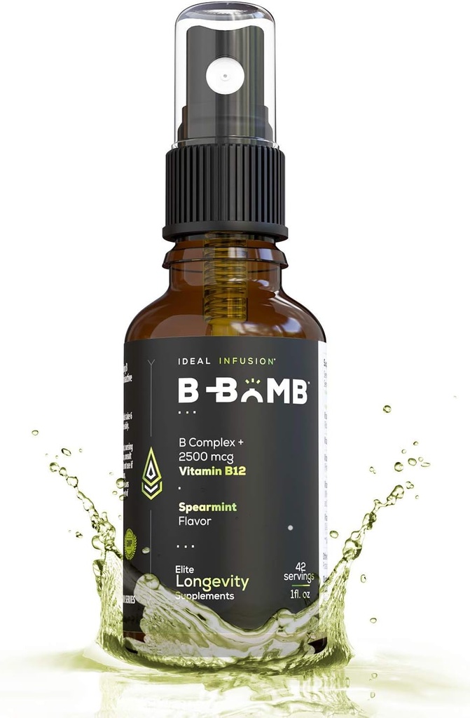 Spray lichid complex B-Bomb Vitamina B12 + B: Metilcobalamină cu adenosilcobalamină: Energie și suport de modă, zahăr-gratuit, Vegan, aromă organică Spearmint