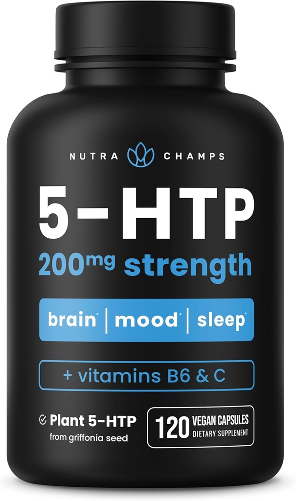 NutraChamps 5-HTP 200mg, 120 capsule Vegan, Pure 5HTP 100mg Plus Co-factori Vitamina B6 & Vitamina C