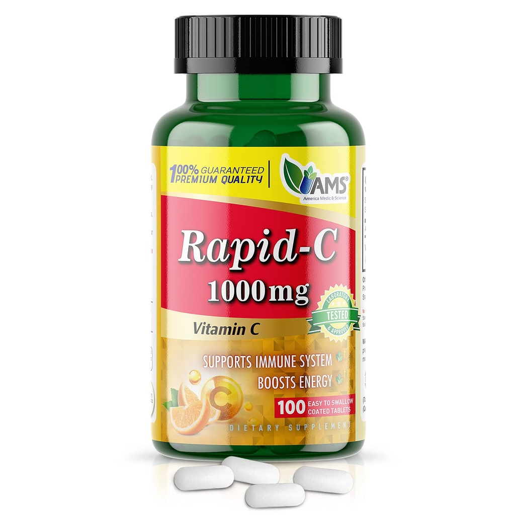 America Medic & Science Rapid-C 1000mg Vitamina C Supliment (1 pachet de 100 comprimate) Booster de energie, Daily Immune System Support, Antioxidant 