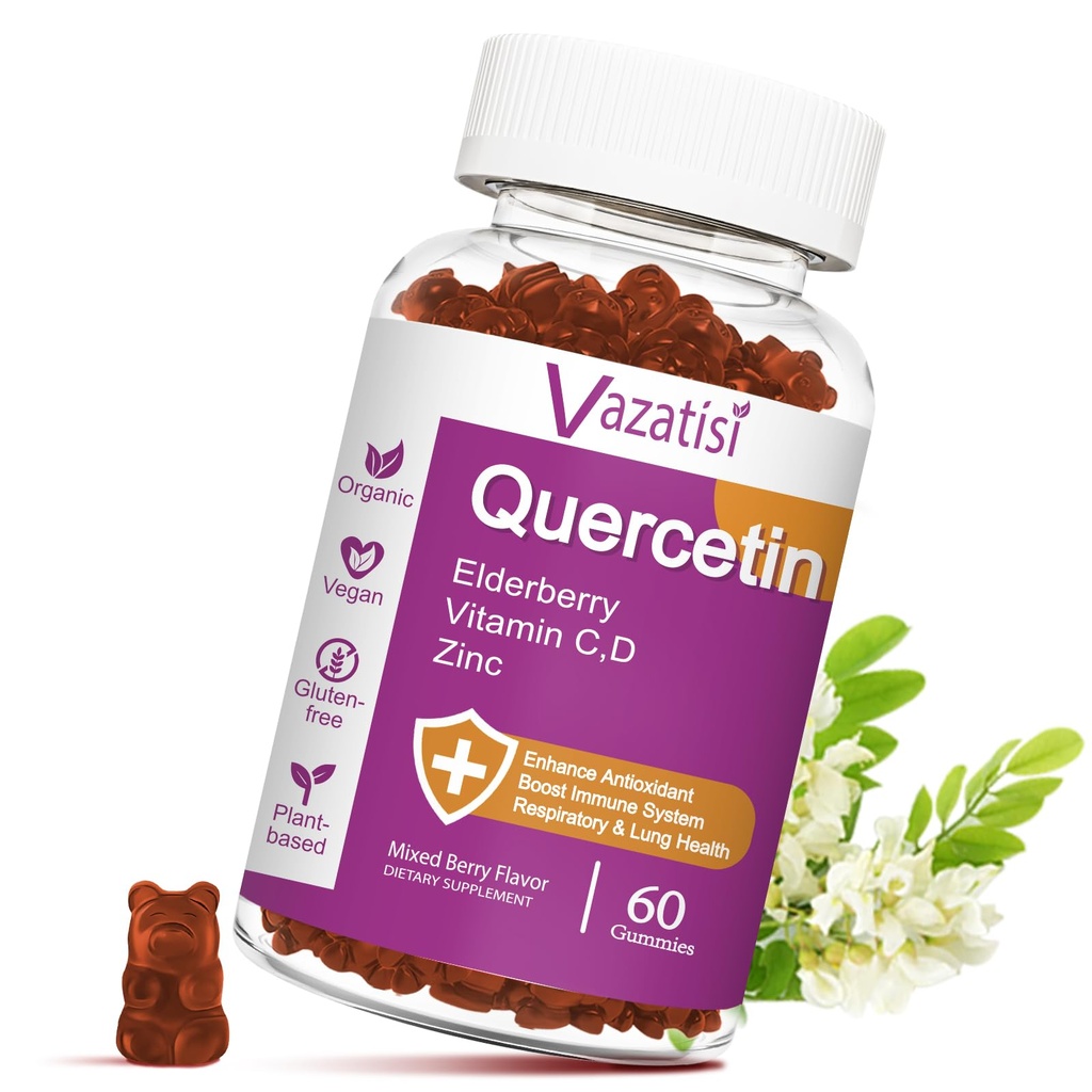 Quercetin Gummies, Querbetin cu vitamina C Zinc, Bromelain, Elderberry and Vitamina D, Immune Support Adulți Copii, Femei Bărbaţi, 60 Gumies Chemable