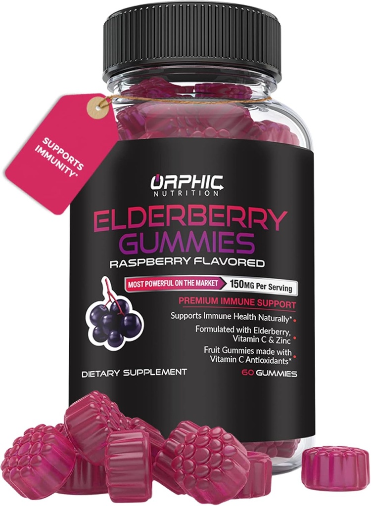 NUTRIŢIE ORPHIC Gumiile cu vitamina C şi zinc - 60 Conte - Supplement de sprijin imun pentru bărbaţi, femei şi copii * - Vitaminele de elderberry fabricate cu vitamina C - 100MG de Elderberry