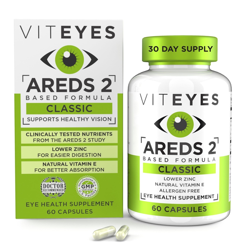 Viteyes AREDS 2 Vitamine oftalmice, suport macular clasic, Capsule libere Allergen, cu vitamina naturala E, vitamina C, zinc, cupru, lutein & Zeaxantină, medic ochi de încredere, fabricate în Statele Unite ale Americii, 60 Ct