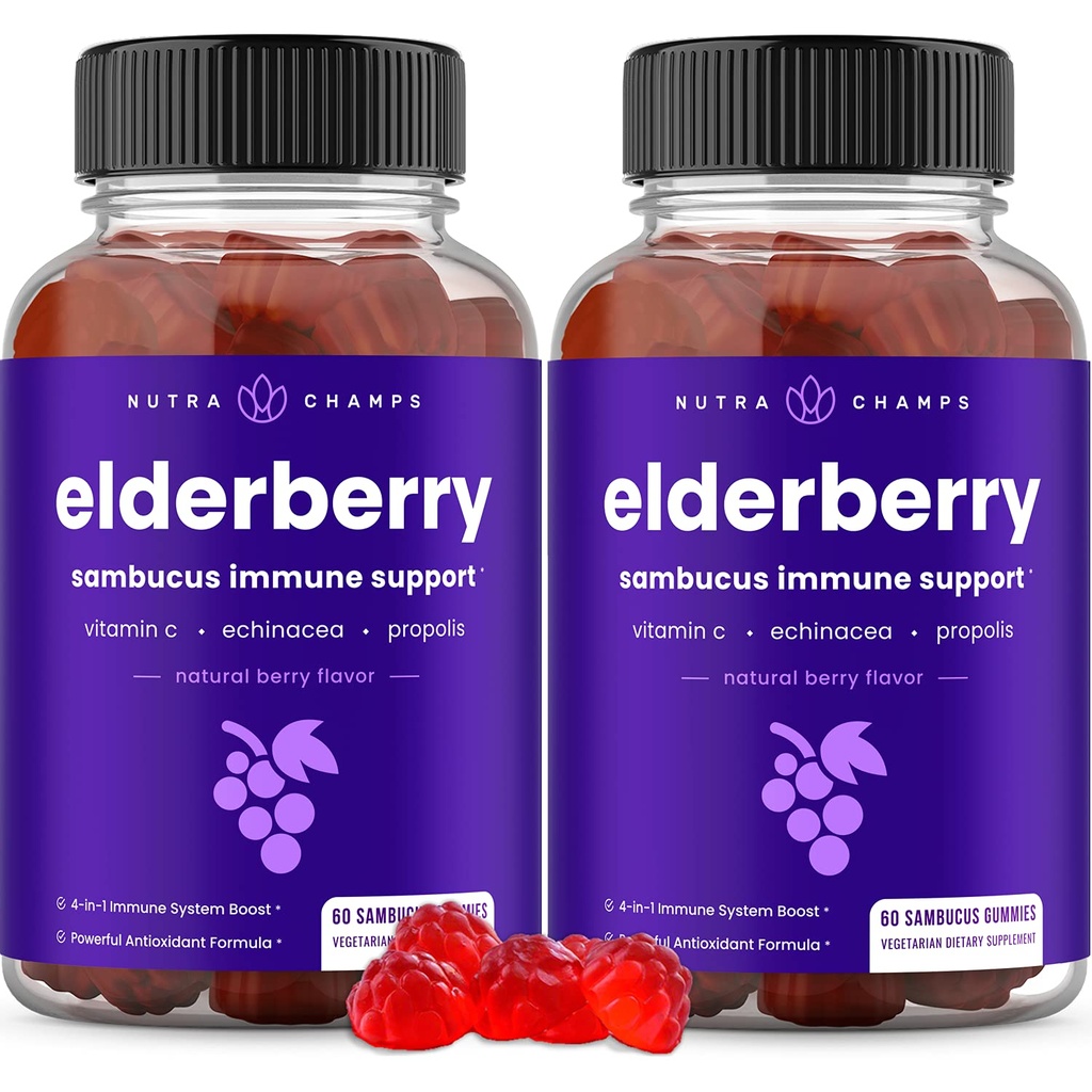 NutraChamps Elderberry Gummies, Sambucus Elderberry Gummies pentru adulți și copii, Vitamina C, Propolis & Echinacea, Max Putere de sprijin imun Gummies, Aroma naturală Berry, 120 Gummies (Pachet de 2)