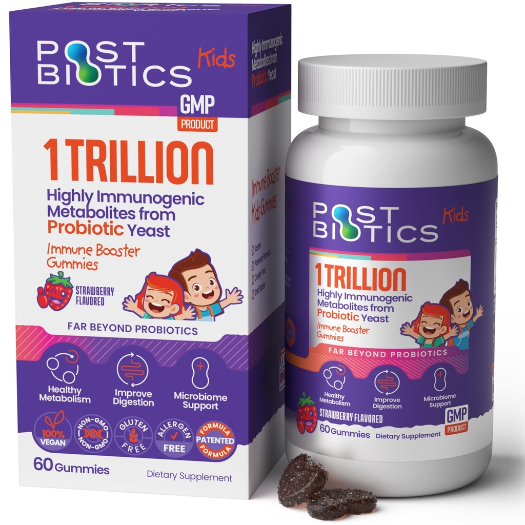 NAVEH PHARMA postbiotice Copii gumiile de căpșuni. Copii: Postbiotice, Vârste 4+, 1 Trilion metaboliți 200X Ingrediente decât Probiotic sau Prebiotic. Gut Health, Imunitate, Digestion & Microbiome