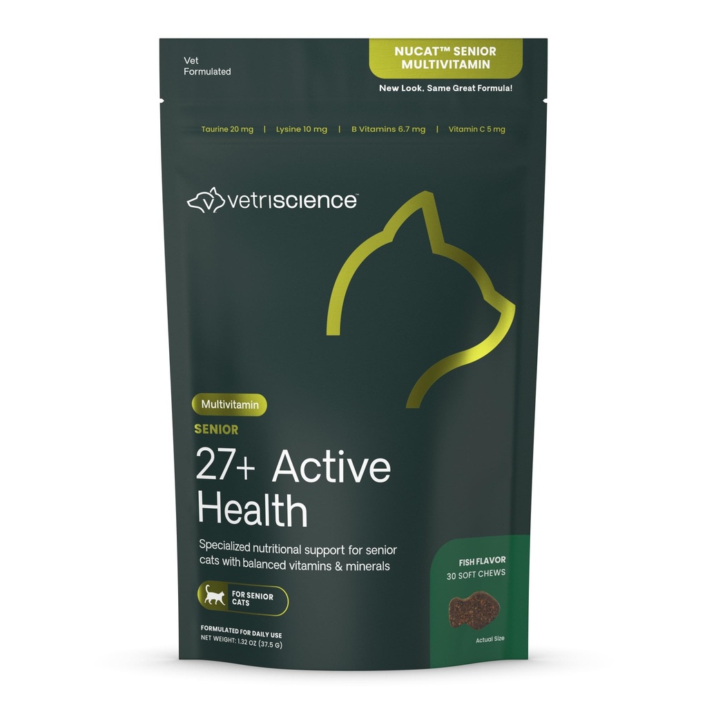 VetriScience Senior 27+ Active Health Chews, Nu Cat Daily Multivitamine pentru Pisici Senior, Vitamine echilibrate, Minerale și Antioxidanți, Asistenta Sanatos imbatranire si Wellness, Pește, 30 Conte