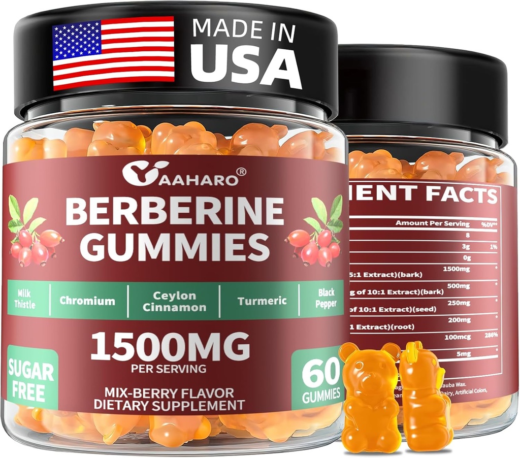 Berberina cu Ceylon Cinnamon Gummies - 1500mg Berberine HCI Supliment cu crom, Turmeric și lapte Thistle - Suport imun - pentru femei și bărbați - 60 de gume fără zahăr