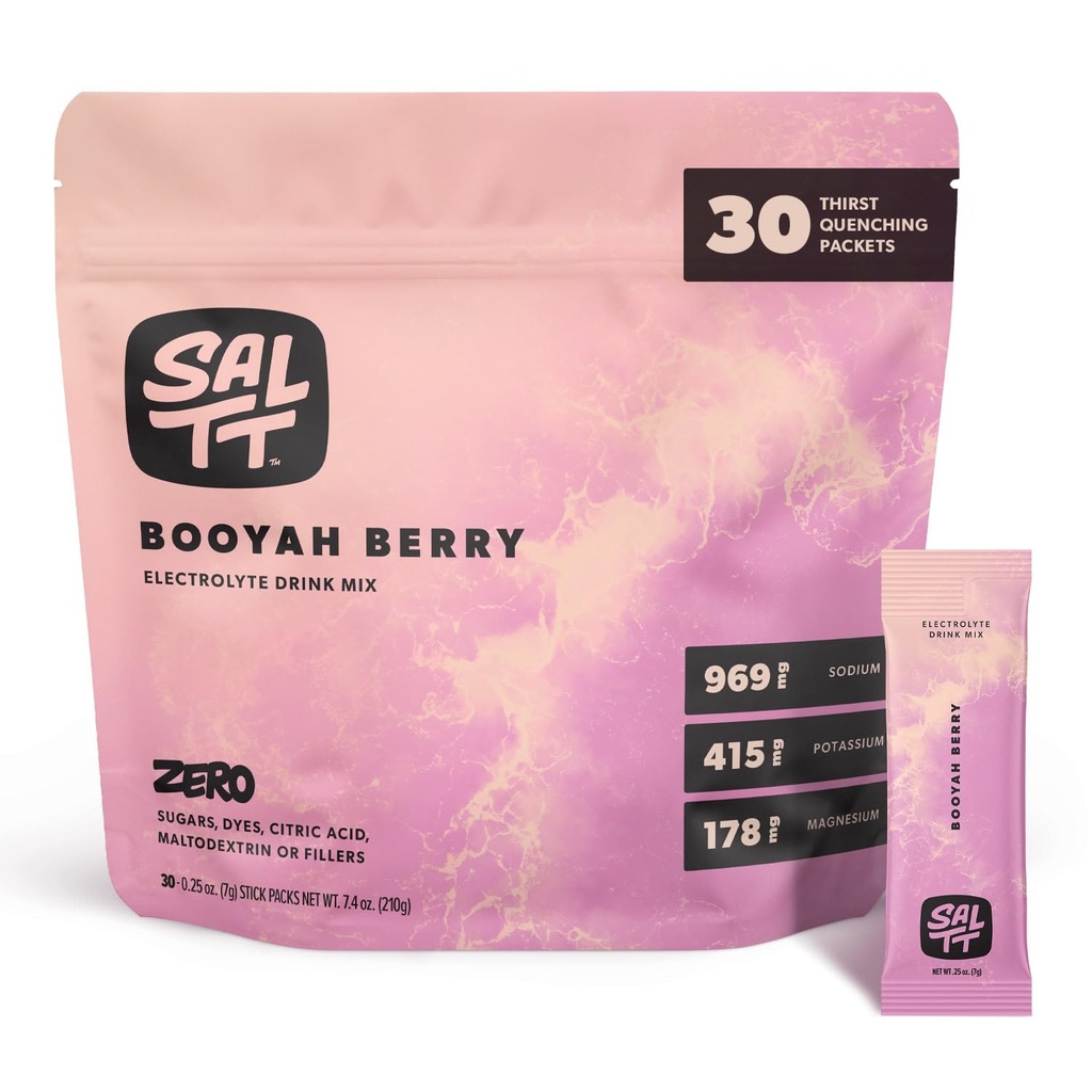 SALTT Electrolits pulbere amestec de băuturi aromate - Booyah Berry - 30 Pachete de hidratare - Magneziu, Potasiu, Sodium, Minerale Trace - Zero Zahăr & Gluten Free - Essentials călătorie