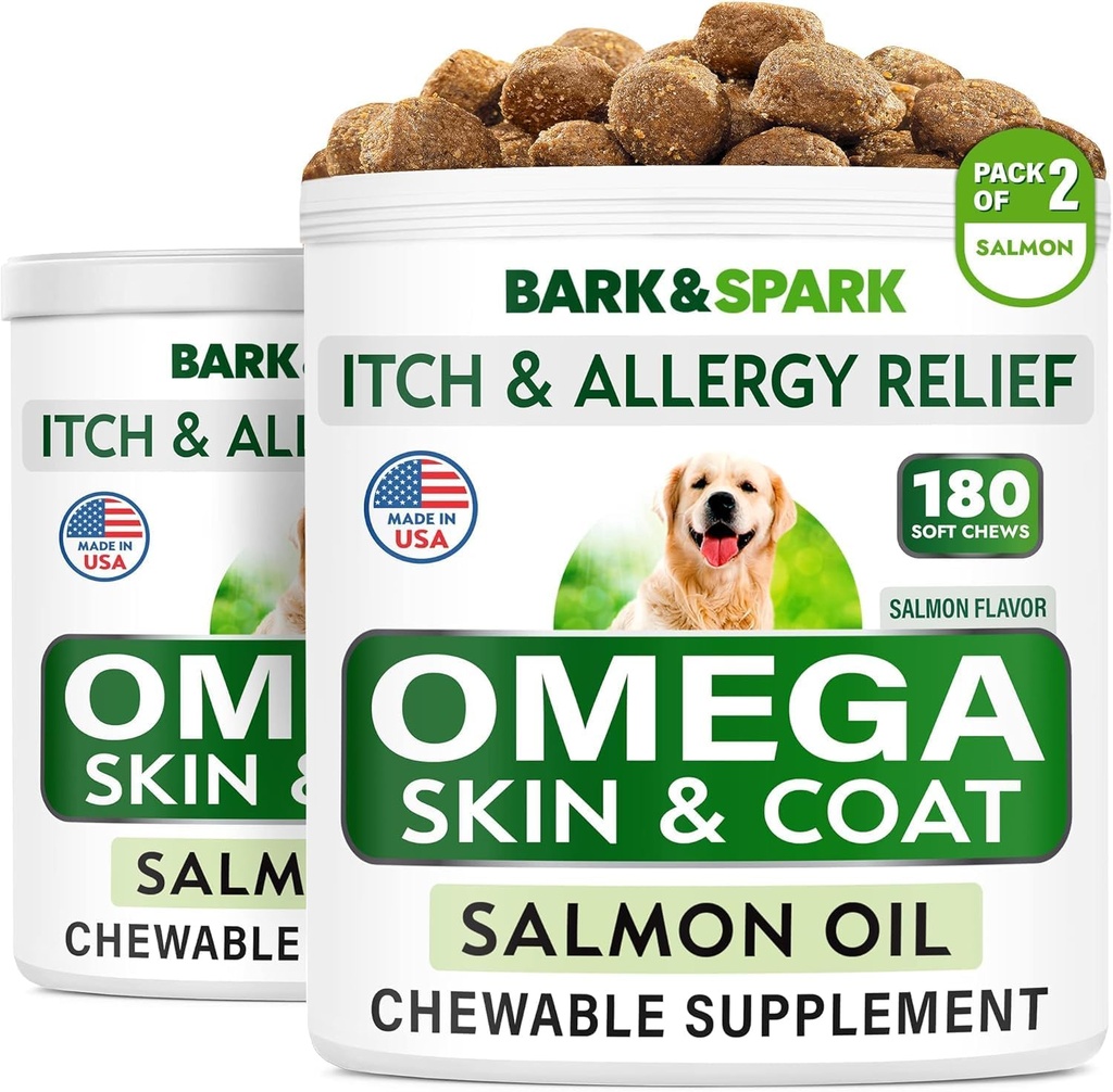BARK&SPARK Omega 3 pentru câini - 360 de preparate de ulei de pește pentru topirea câinilor, Alergia pielii, relieful mâncărimii, tratamentul petelor fierbinți - sănătate comună - Suplimentul pielii și hainelor - EPA & DHA acizi grași - Ulei de somon