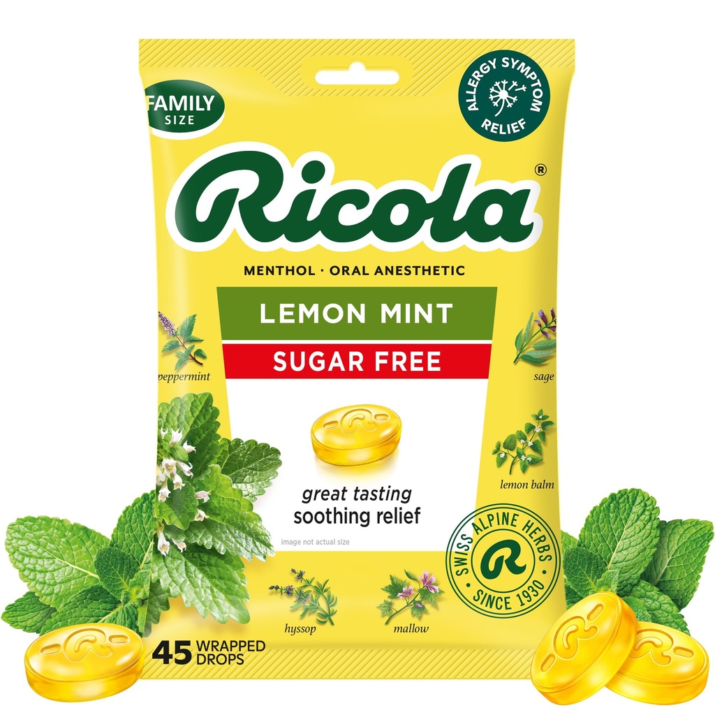Ricola Sugar Free Lemon Mint Drops, 45 Count, Reîmprospătare Ajutor de la Iritaţii minore ale gâtului, Anestezic Oral