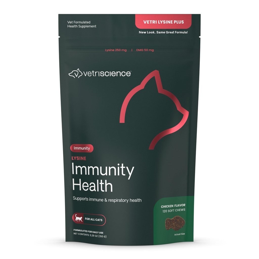 VetriScience Lysine Imunity Health Chews, 250 mg Lysine Plus Immune Supplement for Cats and Kittens with Alergies, Sneezing, Runny Nose and Watery Eyes, Chicken, 120 Count